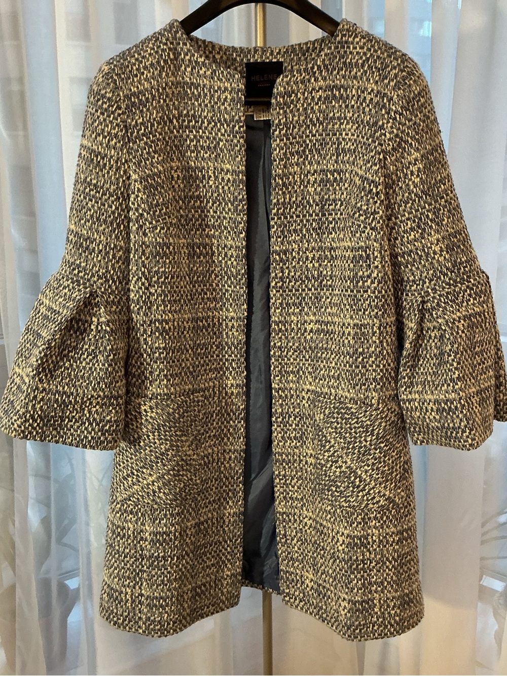 Helene London Blue Tweed Open-Front Cape Coat